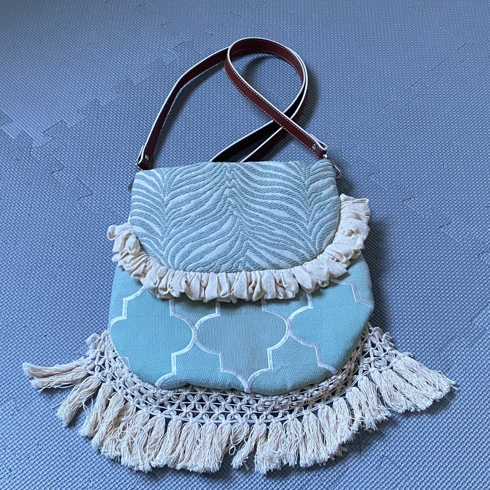 Handmade Fringe Light Teal Crossbody Bag